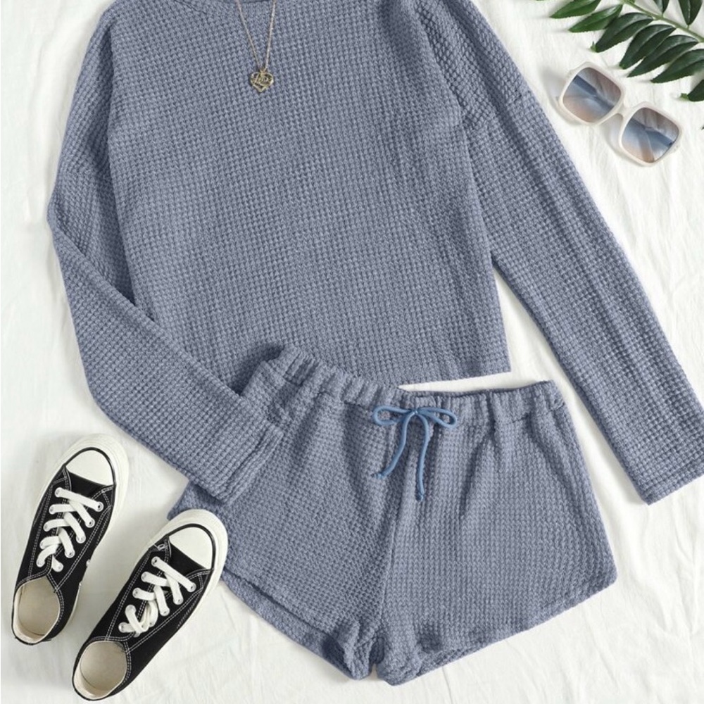 Blue Waffle Knit Lounge Set